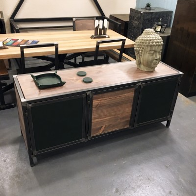 Buffet acier/bois/cuir